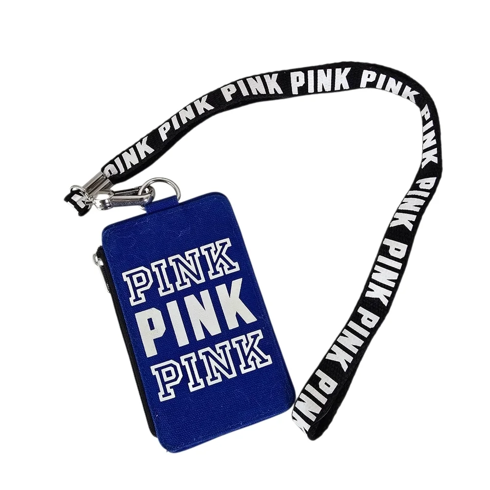 New Victoria's Secret PINK Y2K Lanyard ID Holder/ Mini Wallet Blue White Logo